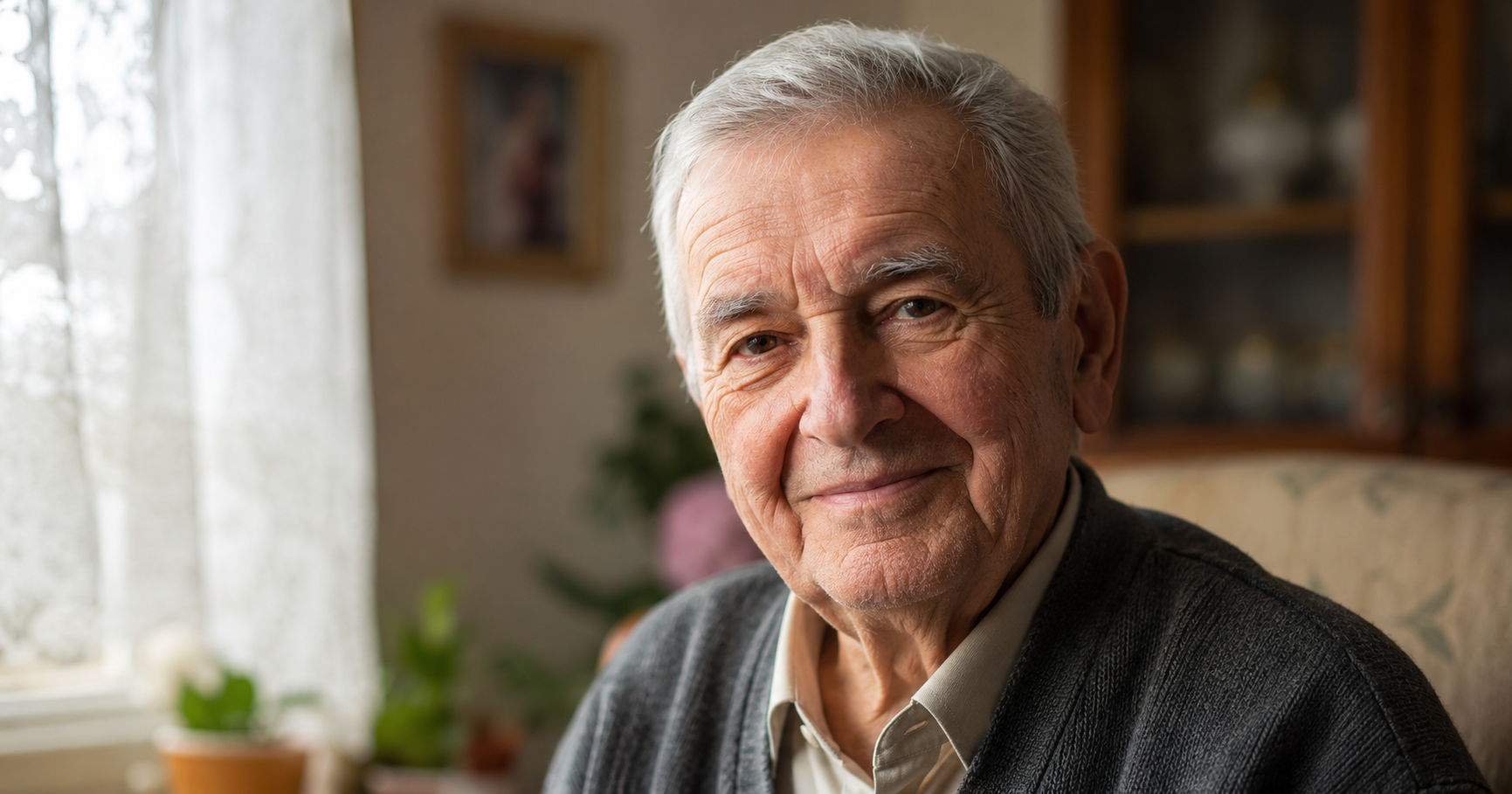 Idős férfi elmélyült arca melegen világítva